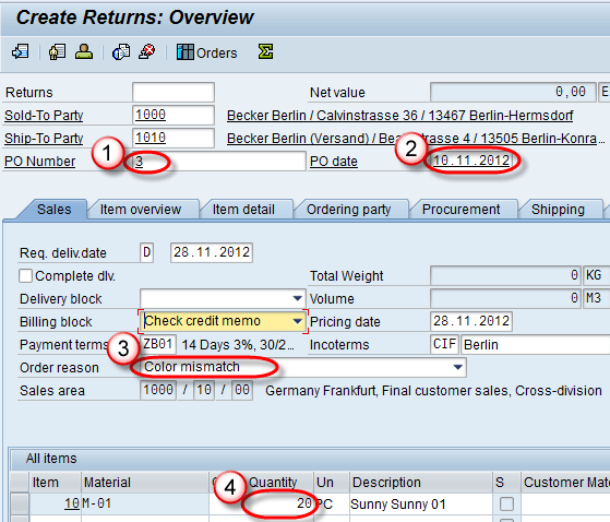 How to create returns,free of charge delivery and sub sequent delivery