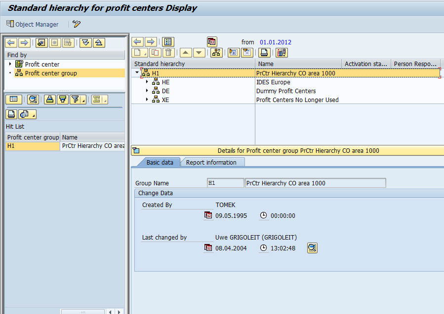 Creation Of Profit Center using Standard Hierarchy