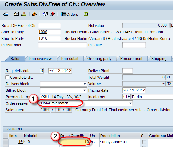 How to create returns,free of charge delivery and sub sequent delivery