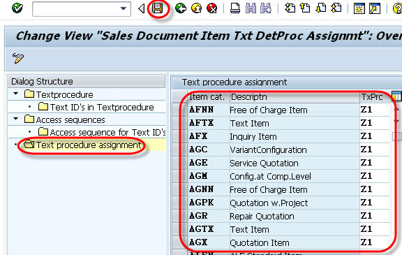 Text determination for sales document header / item