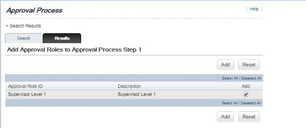  On the search page, look for approval role ID “Supervisor Level 1” (this is a default approval role in the LMS). On the results page, check the add box and click “Add”.