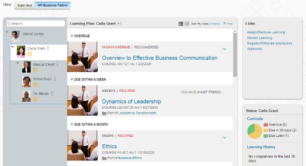 Learning and development activities in most companies focus on the interaction between two groups: employees and managers. Trends today are seeing employees play a more active, leading role in their learning and development than ever before. Great managers are there to help mentor and guide employees on their individual learning paths. Leading Learning Management Systems, like SuccessFactors Learning, can provide great tools to empower learners and managers alike as they grow in learning together within the organization. Learning management itself, however, doesn’t end with employee and manager interactions. A lot of organizations, especially larger organizations, have dedicated training departments and/or dedicated users within the business who play an active role in the learning and development planning of varying groups of employees. These ‘business partners’ aren’t necessarily focused on day to day training administration duties but instead want to ensure the alignment and progress of the learning paths of the employees within their area of responsibility. Starting in the b1408 release and recently expanded in the b1502 release, SuccessFactors Learning has introduced a new role in the LMS for HR Business Partners that is meant to provide a means for learning management at this level, outside of direct supervisors and traditional learning administrators. In this blog, I want to explore what the HR Business Partner role can bring to your organization within the SuccessFactors LMS. What are HR Business Partners in SuccessFactors Learning? Quite simply, HR Business Partners (HRBP) in the SuccessFactors LMS are users who are responsible for managing learning of a group of employees. Think of HRBPs as a cross between the typical Supervisor and Learning Administrator roles in SuccessFactors Learning. HRBPs perform functions very similar to Supervisors, but not just for subordinates. Their scope of responsibility when it comes to users in the system may closely mirror a typical Learning Administrator as they are usually responsible for managing learning for a broad scope of individuals. For organizations with this type of role already in place, an HR Business Partner type of function in the LMS previously would have been performed in the SuccessFactors Learning Administrator portal with the appropriate security setup for doing such. Those familiar with the SuccessFactors LMS know the administrator interface is really meant for the power LMS administrator type of users. HR Business Partners who are looking to quickly manage a large group of employees for specific actions like viewing learning plans, managing assignments, etc., may struggle with the more involved admin interface. With the new HRBP role from SuccessFactors Learning, the LMS now provides a more intuitive interface to allow these types of users in your organization to effectively perform the functions they need. What Can HR Business Partners Do in SuccessFactors Learning? The new HRBP role in SuccessFactors Learning provides an interface for HRBPs based on the existing Supervisor interface, which is more user friendly for managing a defined group of employees for these set functions. HRBPs are provided with a list/hierarchy of employees to which they are designated as their HRBP. From this list HRBPs can quickly view the learning plan/assignments of individuals and perform certain actions for managing the learning of an employee or selection of employees. To access the HR Business Partner user interface, an end user would access the My Team area of his/her learning portal. This area was previously reserved only for users who are supervisors. Users who are HR Business Partners will find their HRBP view here in conjunction with the supervisor view as well. If a user happens to be both a normal supervisor and an HRBP, an option to toggle between the two views will be provided on screen. The screen shot below illustrates a user with both a Supervisor and HR Business Partner view within the My Team area of their learning portal.