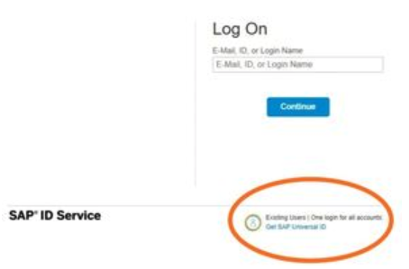 SAP ID Service login page with email login fields, a blue 'Continue' button, and a 'Get SAP Universal ID' option.