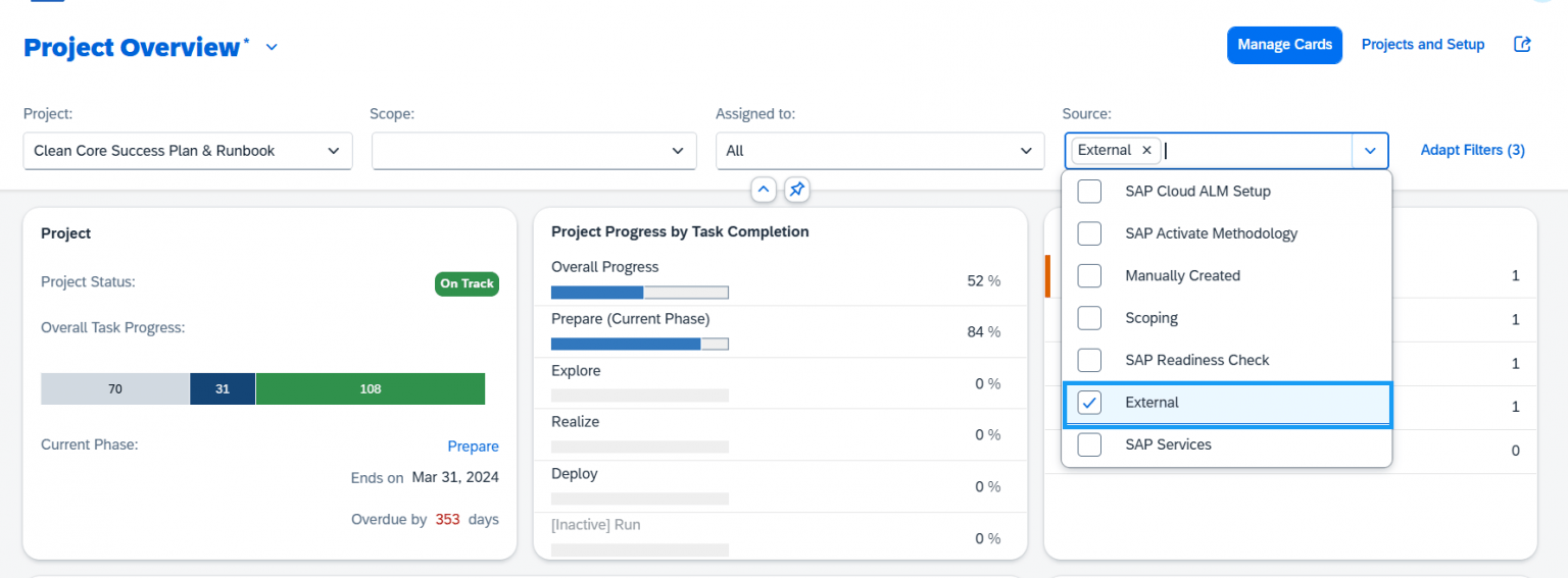 Api Filter External Easily manage external content imported via APIs or Excel in Cloud ALM.