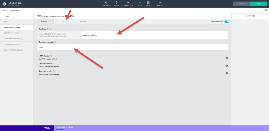 AppGyver REST API setup showing response key path for ActiveOffices OData from SAP Business Technology Platform.
