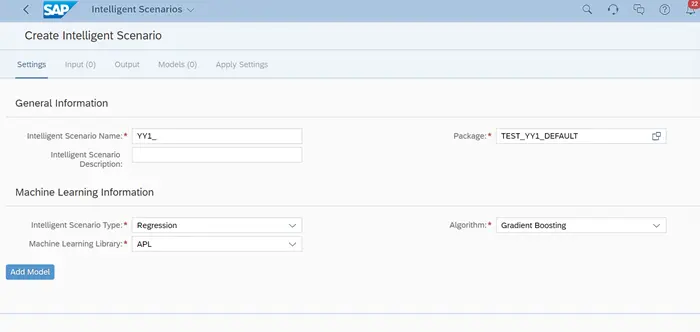 Create Intelligent Scenario in SAP Fiori with regression type, APL library, and Gradient Boosting algorithm