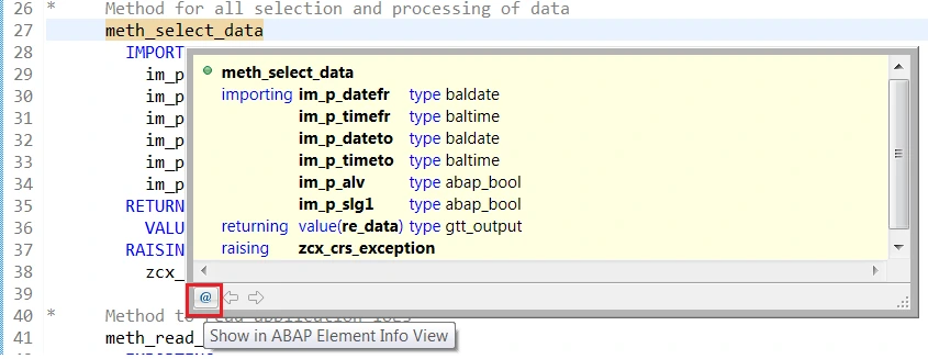 ABAP method signature tooltip with importing, returning, and raising parameters using Element Info View in Eclipse