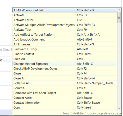 SAP ABAP Eclipse keyboard shortcuts list including Activate, Build All, Change Method Signature, and Context Assist