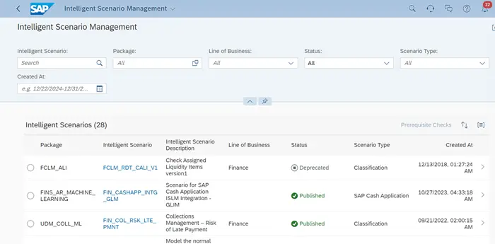 SAP Intelligent Scenario Management screen with scenario list, status, type, and business line in SAP Fiori UI