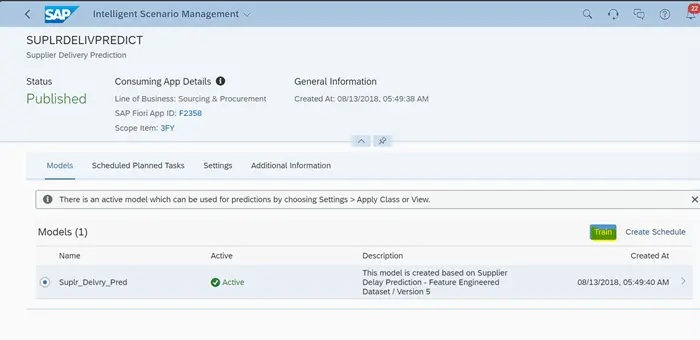 Published Supplier Delivery Prediction scenario in SAP Fiori ISLM with active model and training option enabled
