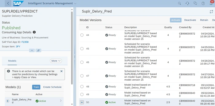 Supplier Delivery Prediction in SAP ISLM showing multiple model versions with readiness status and active version selected