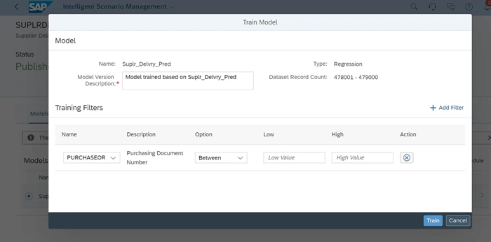 Train regression model in SAP ISLM with version description, dataset record count, and training filters applied
