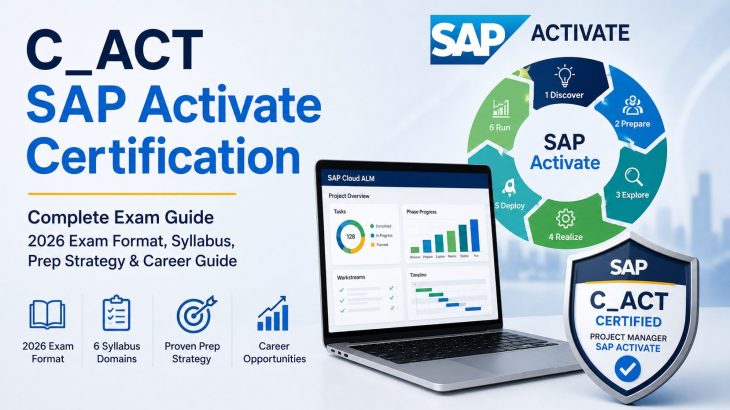 C_ACT SAP Activate Certification exam guide banner with SAP Activate phases, laptop dashboard, and project manager badge.