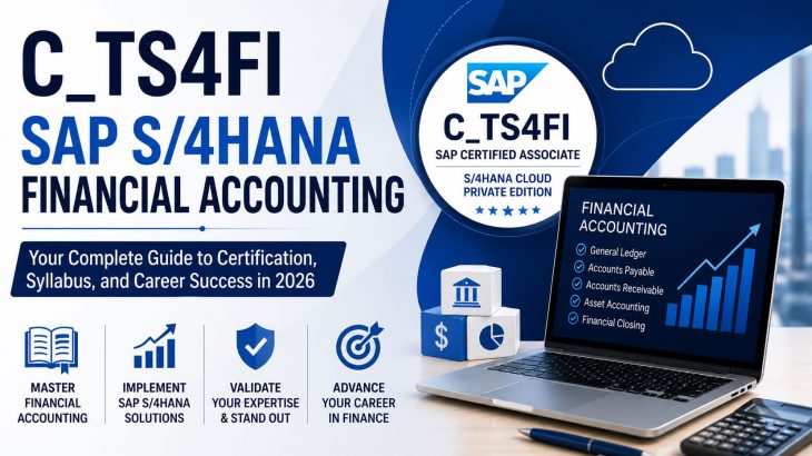 C_TS4FI SAP S/4HANA Financial Accounting Certification guide with laptop, SAP badge, finance icons, and career growth visuals.