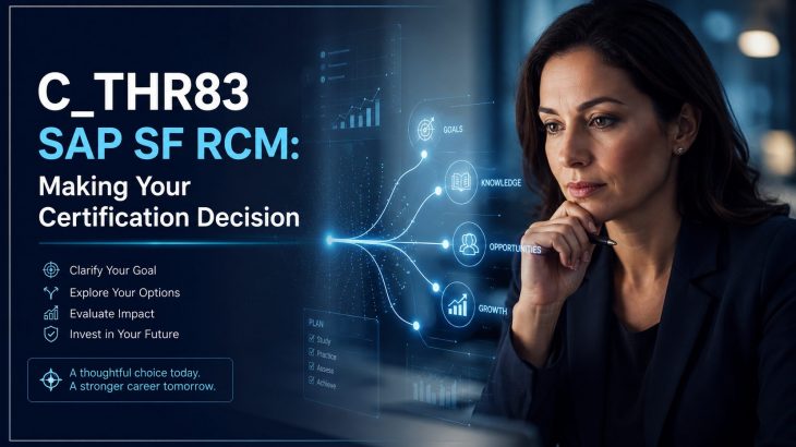 A professional woman contemplates a decision, surrounded by soft light. The image visually represents the thought process involved in pursuing the SAP C_THR83 certification.