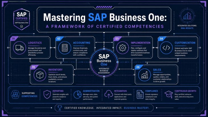 A conceptual infographic showing the interconnected modules of SAP Business One (Logistics, Accounting, Implementation) as a framework of certified competencies for C_TB120.