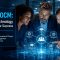 Diverse team of professionals collaborating around a glowing holographic interface, symbolizing the integration of human change management with SAP technology. Features the C_OCM certification title.