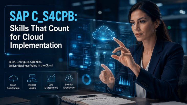 A professional woman engaging with a futuristic holographic display showing SAP S/4HANA Cloud process flows. This image highlights the practical skills validated by the SAP C_S4CPB certification.