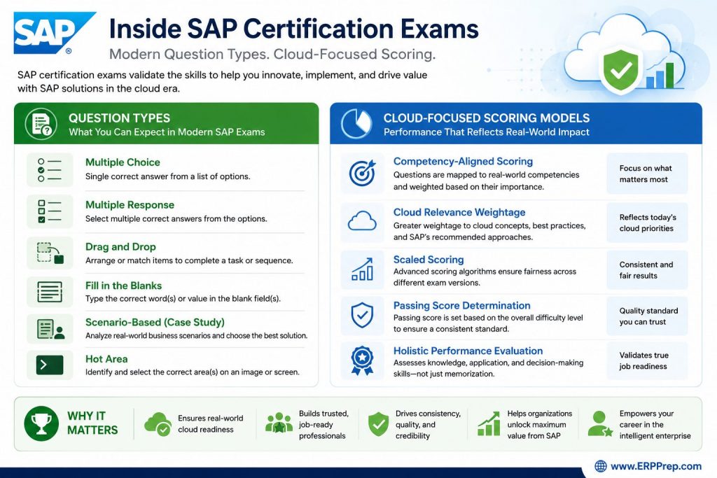 Infographic showing the breakdown of modern SAP certification exam question types and cloud-focused scoring models.