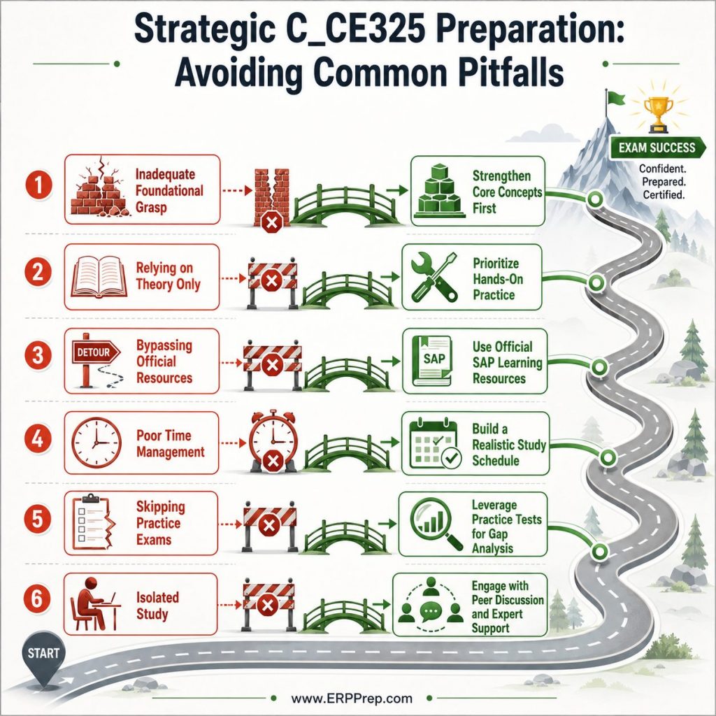 Infographic illustrating a strategic SAP C_CE325 preparation guide, showing common pitfalls such as inadequate foundation and skipping practice exams, alongside effective counter-strategies like hands-on practice and leveraging official resources.