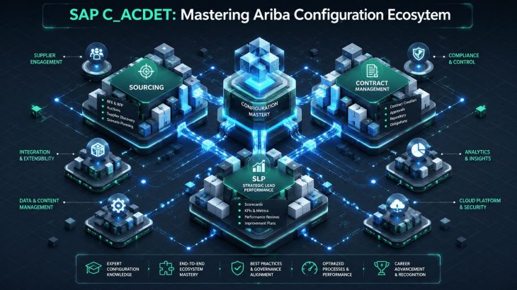 An isometric 3D illustration shows interconnected SAP Ariba modules for the C_ACDET exam, representing mastery of the Ariba configuration ecosystem.