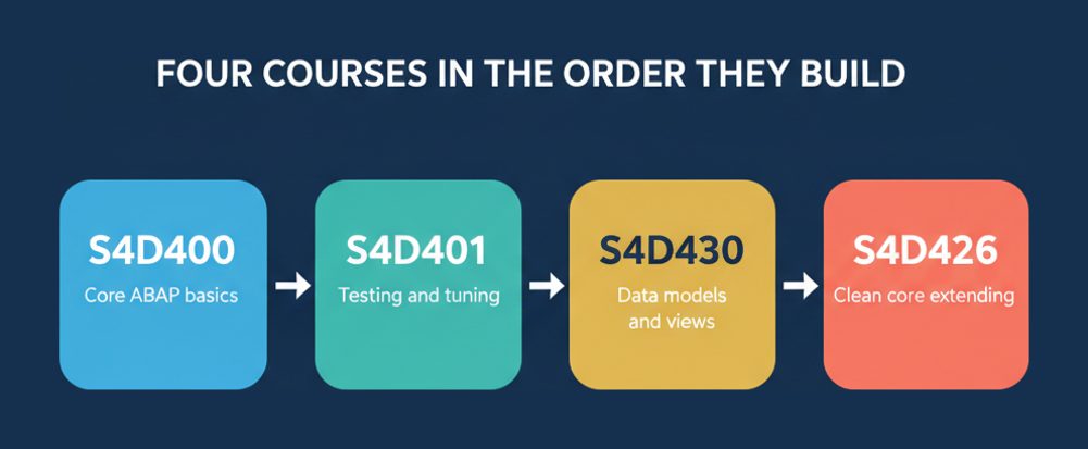 The four SAP courses behind C_ABAPD in the order they build: S4D400, S4D401, S4D430 and S4D426