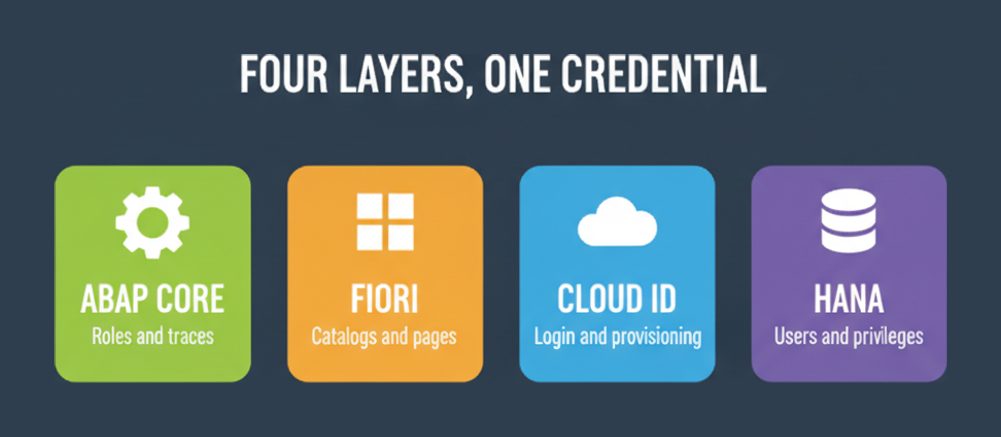 The four SAP layers the C_SEC blueprint spans: the ABAP core with roles and traces, Fiori with catalogs and pages, cloud identity with login and provisioning, and SAP HANA with users and privileges