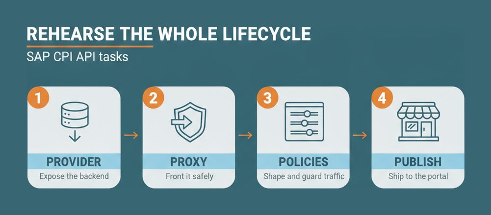 The four stage SAP Integration Suite API lifecycle rehearsed for C_CPI: provider, proxy, policies and publish