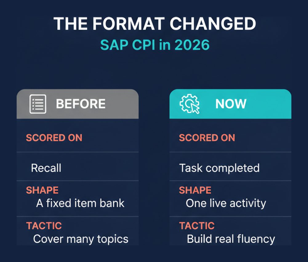 SAP C_CPI format comparison showing the move from a fixed recall bank to a single live System-Based Assessment activity