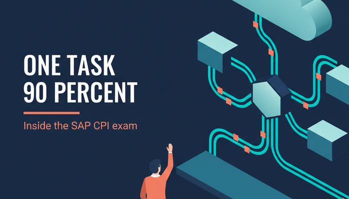 SAP C_CPI integration developer banner showing connected API and messaging flows across cloud systems