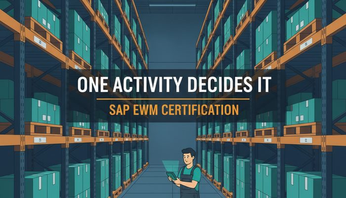 SAP C_S4EWM Extended Warehouse Management certification banner showing a warehouse aisle with racking and a handheld scanner