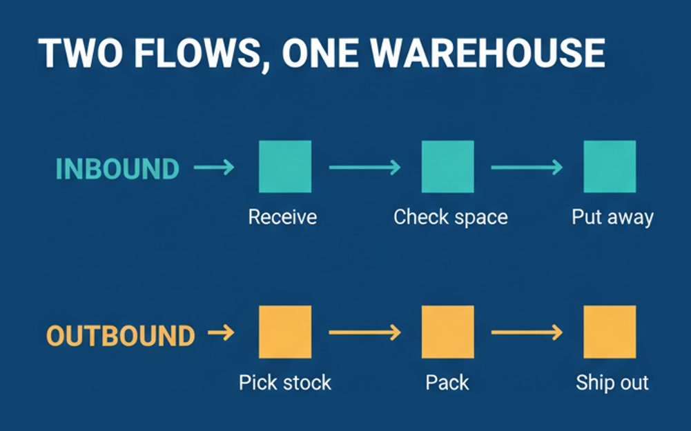 The inbound and outbound flows on the C_S4EWM blueprint, from goods receipt through putaway and from stock removal through shipping