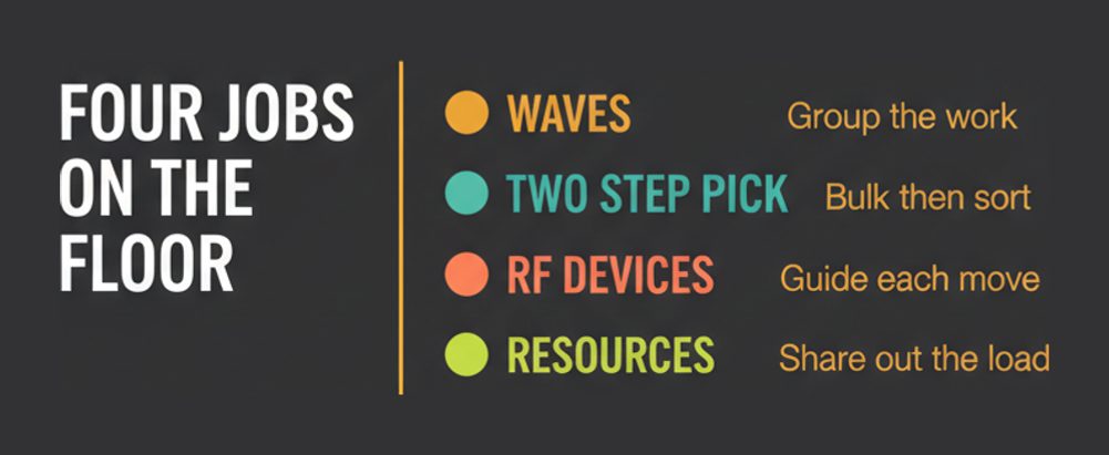 Four warehouse operations examined in C_S4EWM: waves, two-step picking, radio-frequency devices and resource management