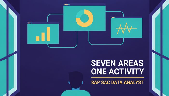 SAP C_SAC Analytics Cloud data analyst certification banner showing an analyst building a story from a connected data model