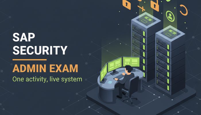 SAP Security Administrator certification banner showing an administrator at a monitoring console with locks and access badges above a server estate