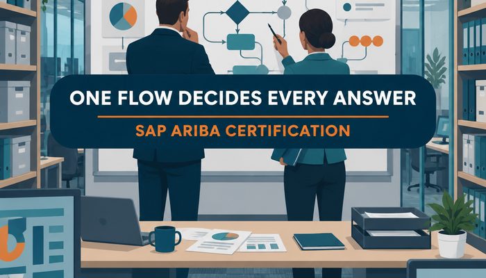 SAP Ariba procurement certification banner showing two colleagues reviewing a procure to pay flow diagram on a whiteboard in an office
