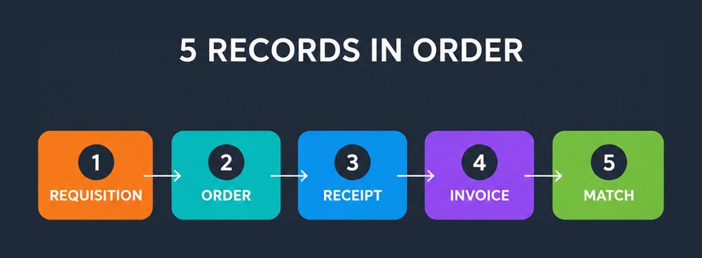 The five procure to pay records C_ARP2P follows in order: requisition, order, receipt, invoice and match
