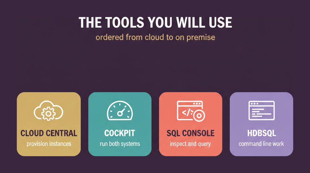 The four SAP HANA administration tools C_DBADM expects: Cloud Central, cockpit, SQL console and hdbsql
