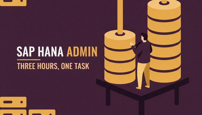 SAP HANA database administrator certification banner showing an administrator beside stacked HANA database cylinders