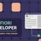SAP Fiori developer certification C_FIORD banner showing a front end developer building an application screen against a wall of launcher tiles