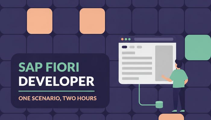 SAP Fiori developer certification C_FIORD banner showing a front end developer building an application screen against a wall of launcher tiles