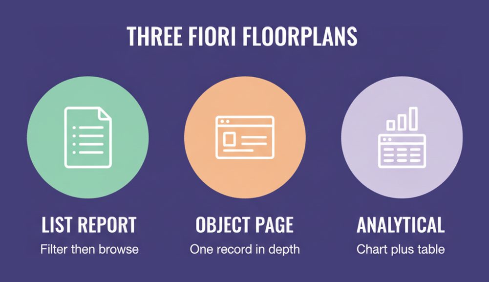 The three SAP Fiori elements floorplans in the C_FIORD blueprint: List Report, Object Page and Analytical List Page