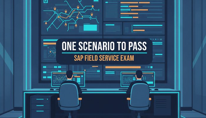 SAP C_FSM Field Service Management certification banner showing a dispatch floor with scheduling boards and a technician map