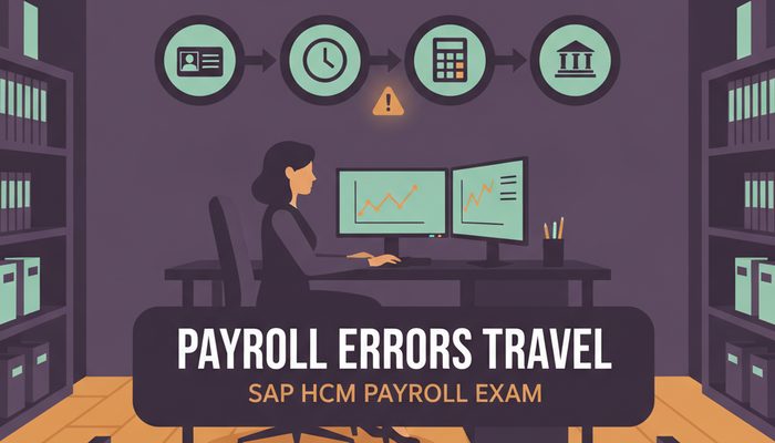 SAP C_HCMP HCM Payroll for S/4HANA certification banner showing a payroll consultant at her desk below a chain of employee, time, calculation and bank icons
