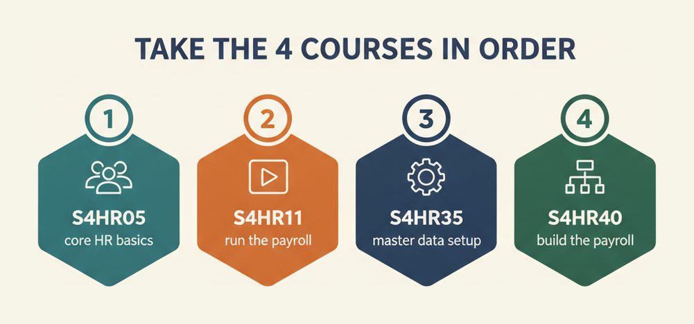 Take the four SAP HCM payroll courses for C_HCMP in order: S4HR05 core HR basics, S4HR11 run the payroll, S4HR35 master data setup, S4HR40 build the payroll