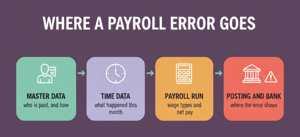 Where an SAP HCM payroll error travels in C_HCMP: from master data to time data, through the payroll run, to posting and the bank transfer where it shows
