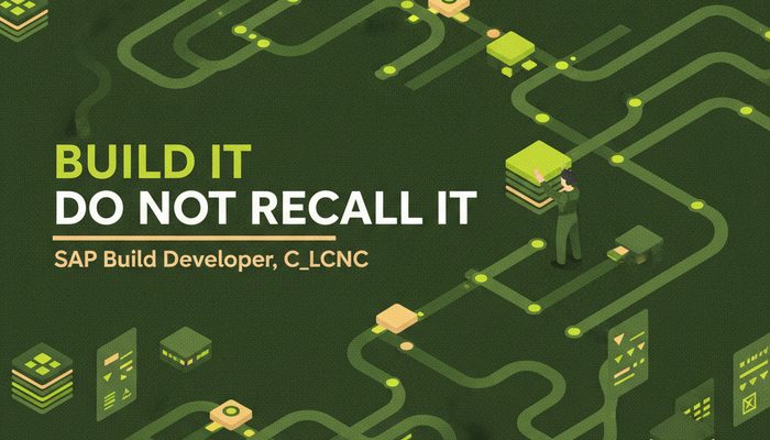SAP Build Developer certification banner for the C_LCNC assessment showing an isometric low code workspace of modular blocks and process chains