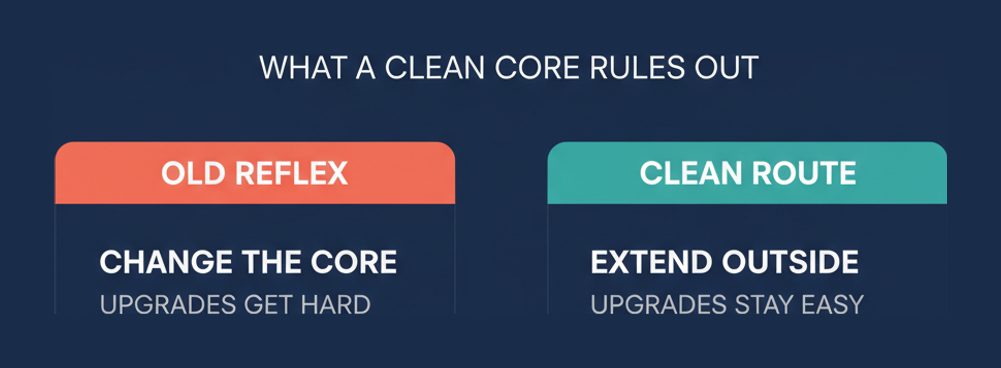 Clean Core for C_RISME: changing the core makes upgrades hard, extending outside the core keeps them easy