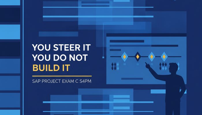 SAP project management certification banner showing a delivery lead steering an implementation timeline rather than configuring a system