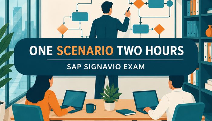 SAP Signavio process management consultant exam banner showing a consultant presenting a process diagram to a client in a meeting room